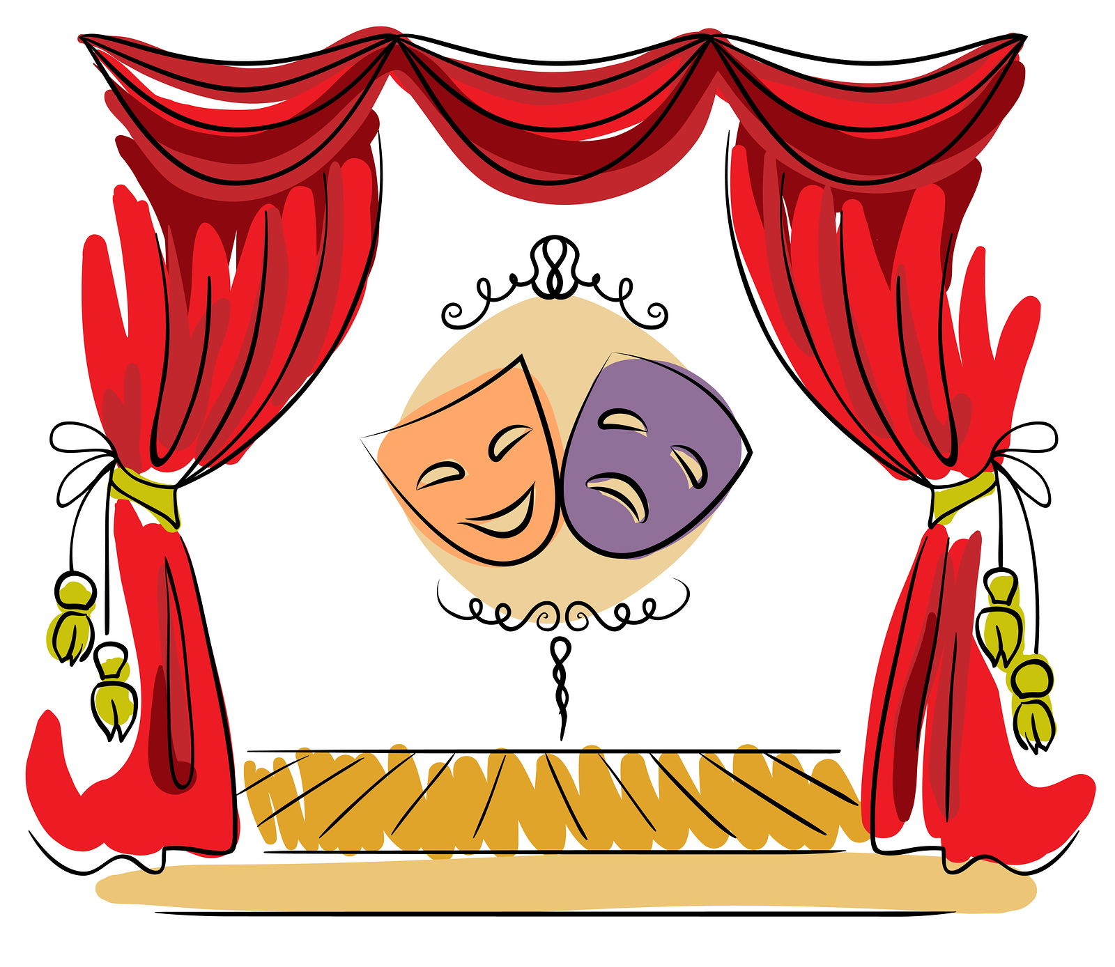 Theater stage with red curtain and masks vector illustration